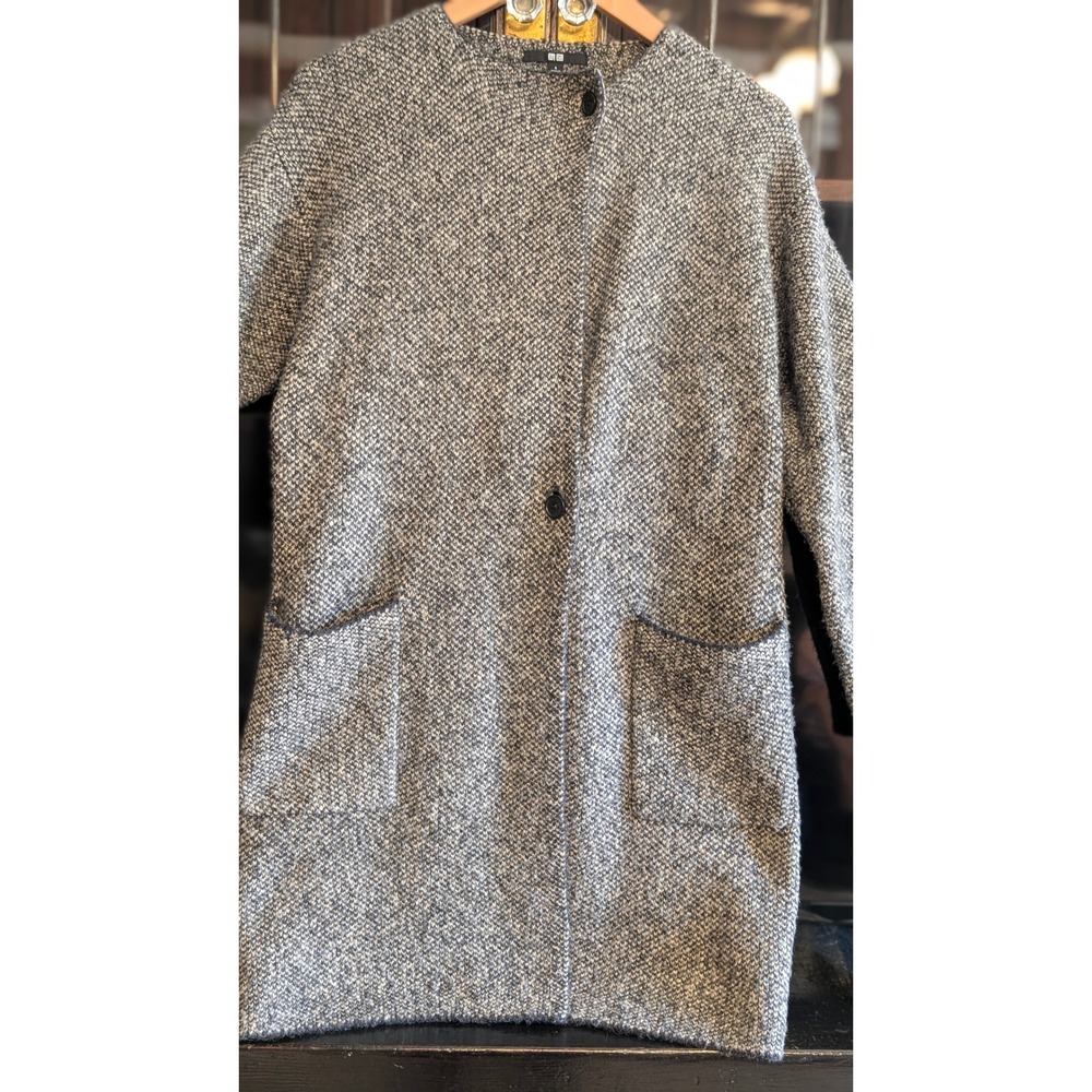 Uniqlo Gray Marled Knit Long Coat Jacket Small Tweed Style wool blend - Picture 6 of 10